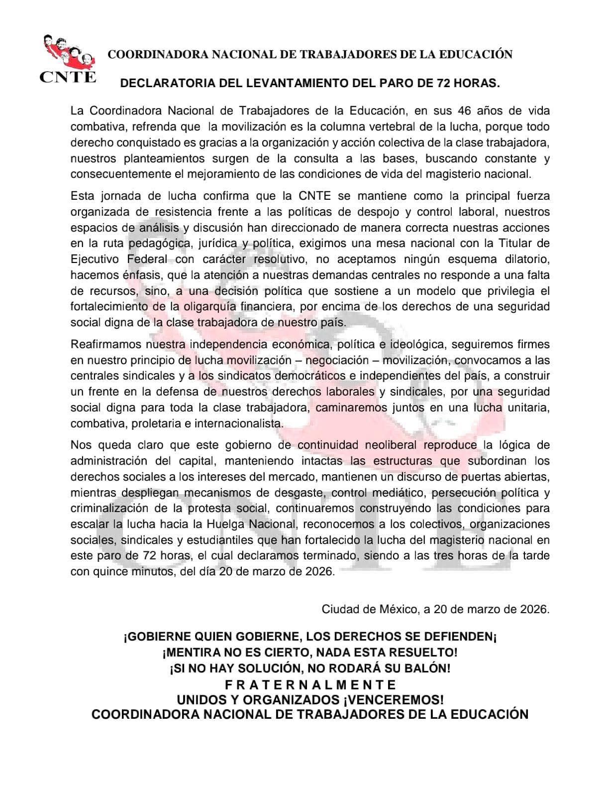 CNTE concluye paro de 72 horas y advierte con escalar a huelga nacional indefinida