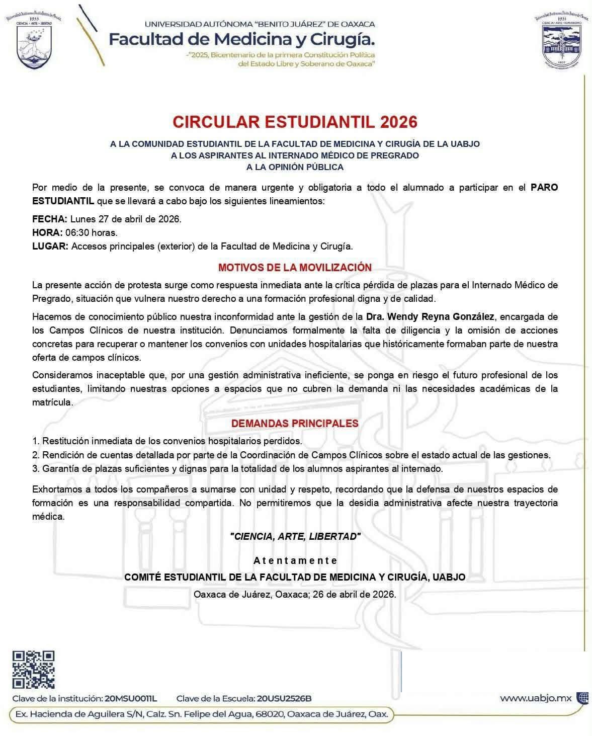 Paro en Medicina de la UABJO por falta de campos clínicos; tensión crece